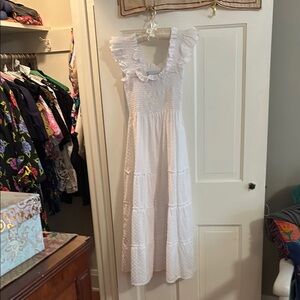 White Swiss Dots Ruffled Maxi Dress by Hill House